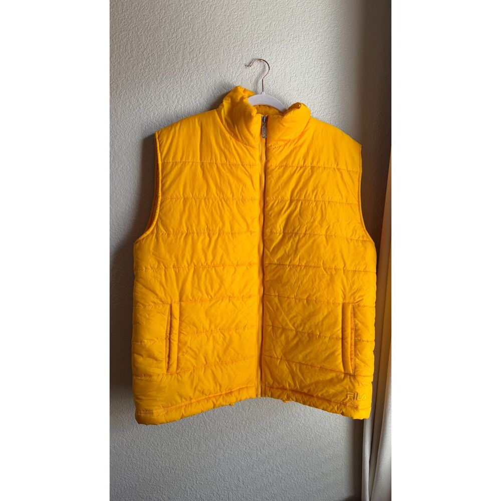 Vintage FILA Yellow Puffer Vest Men's XL Nylon Quilted Full Zip Retro